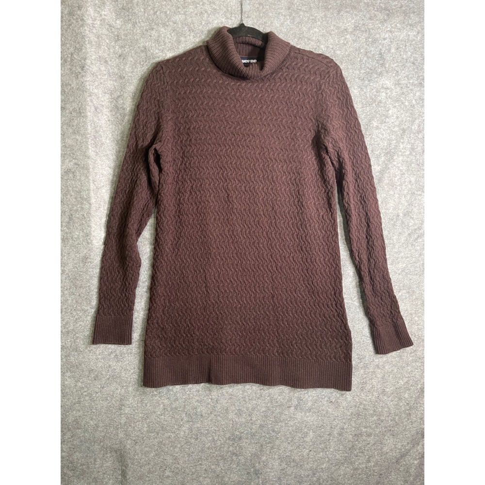 Lands' End Womens Brown Cotton Cable Knit Turtleneck Sweater Tall Medium 10-12